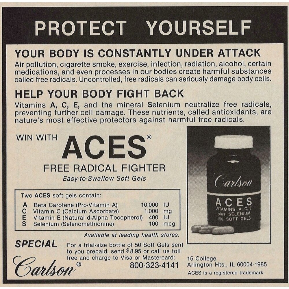 Carlson ACES Free Radical Fighter Vintage Print Ad 1991 Arlington Heights IL u